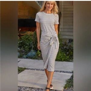 Evereve Cassie Striped textured Ivory Navy Midi Dress with tie, Small
